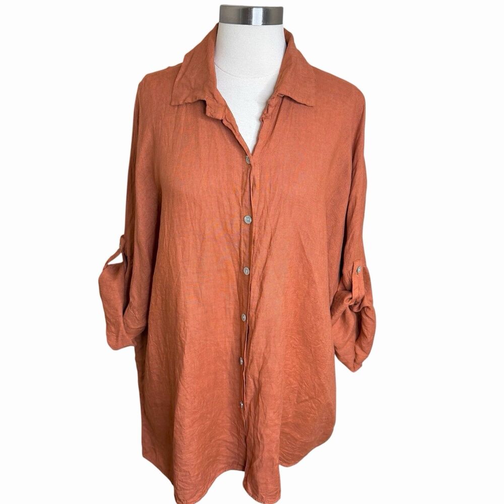 Lagenlook 100% Linen Shirt Made in Italy Burnt Orange Oversized Roll Tab Tunic